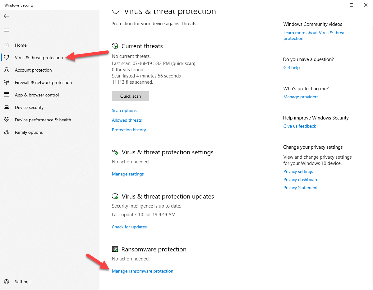 Windows 10 ランサムウェア保護 - オープン ランサムウェア保護